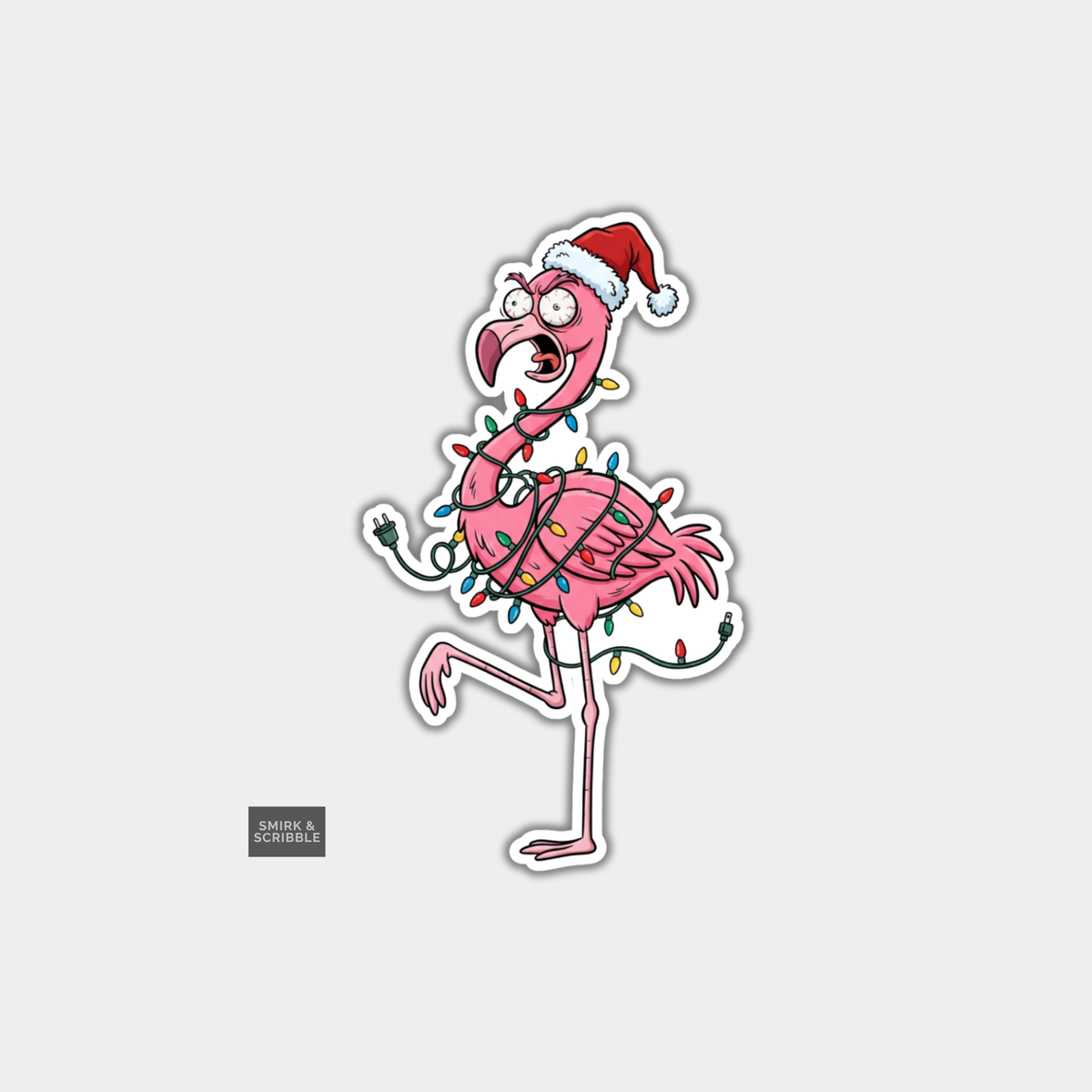 Funny Christmas Sticker - Cheeky Flamingo With Xmas Lights