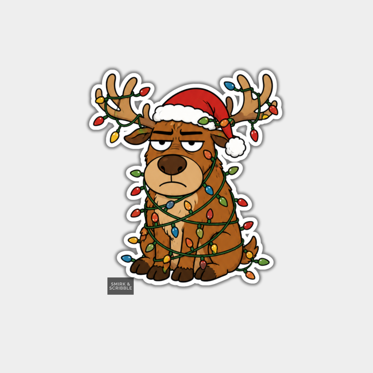 Funny Christmas Sticker - Grumpy Reindeer & Lights