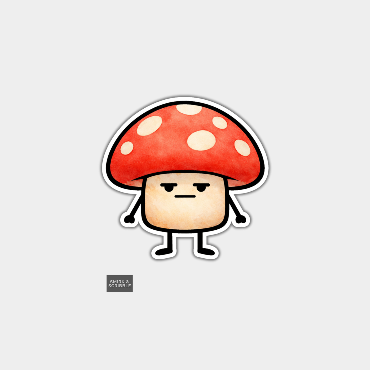 Cartoon mushroom character with a red cap on a light gray background