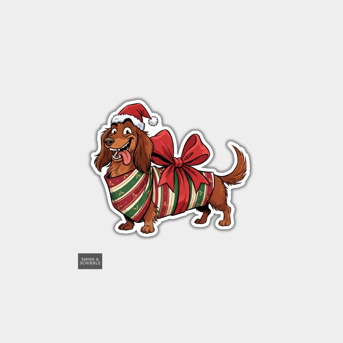 Funny Christmas Sticker - Happy Dog In Wrapping Paper