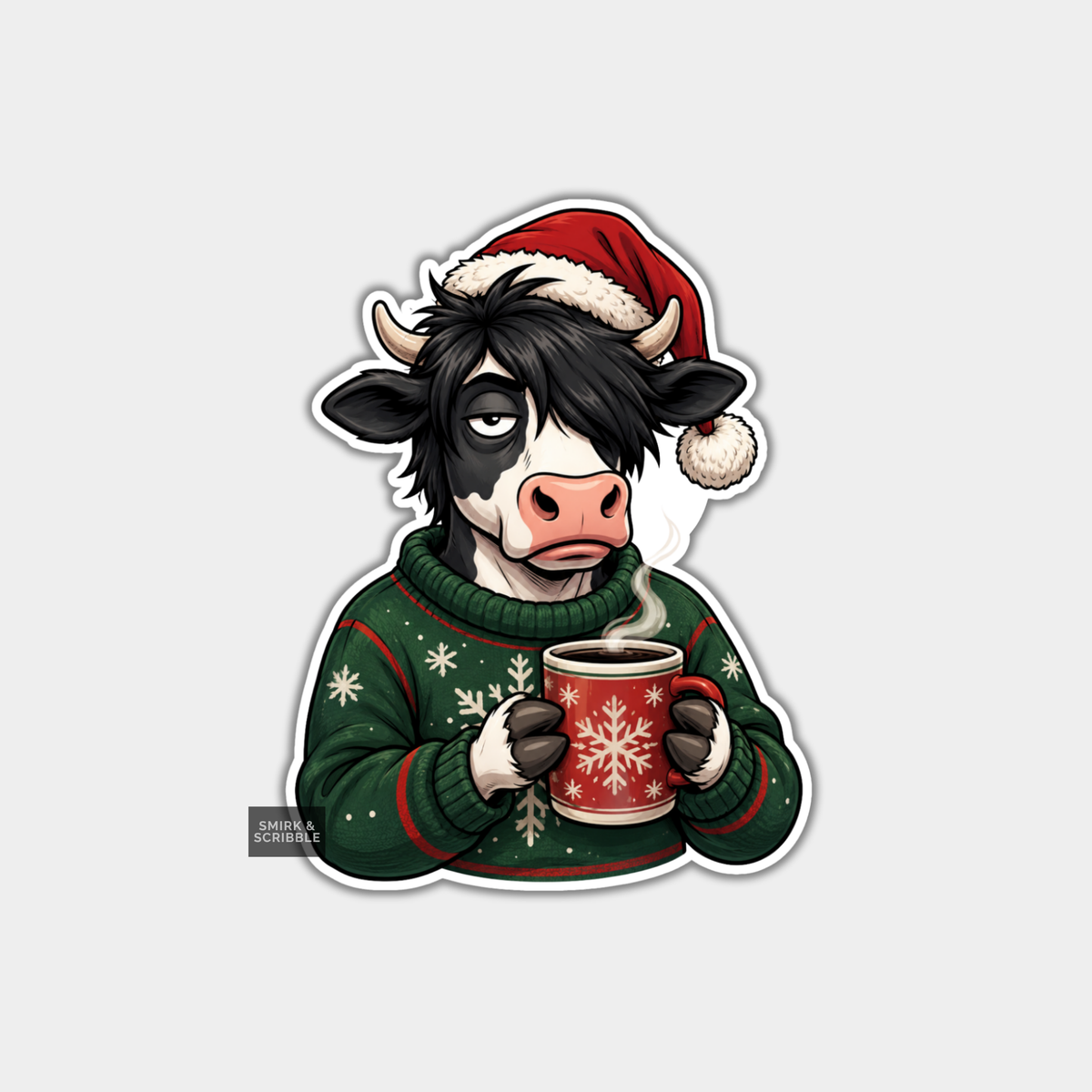 Funny Christmas Sticker - Grumpy Cow In Jumper