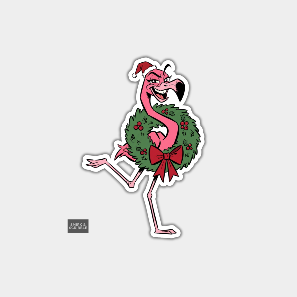 Funny Christmas Sticker - Cheeky Flamingo & Wreath