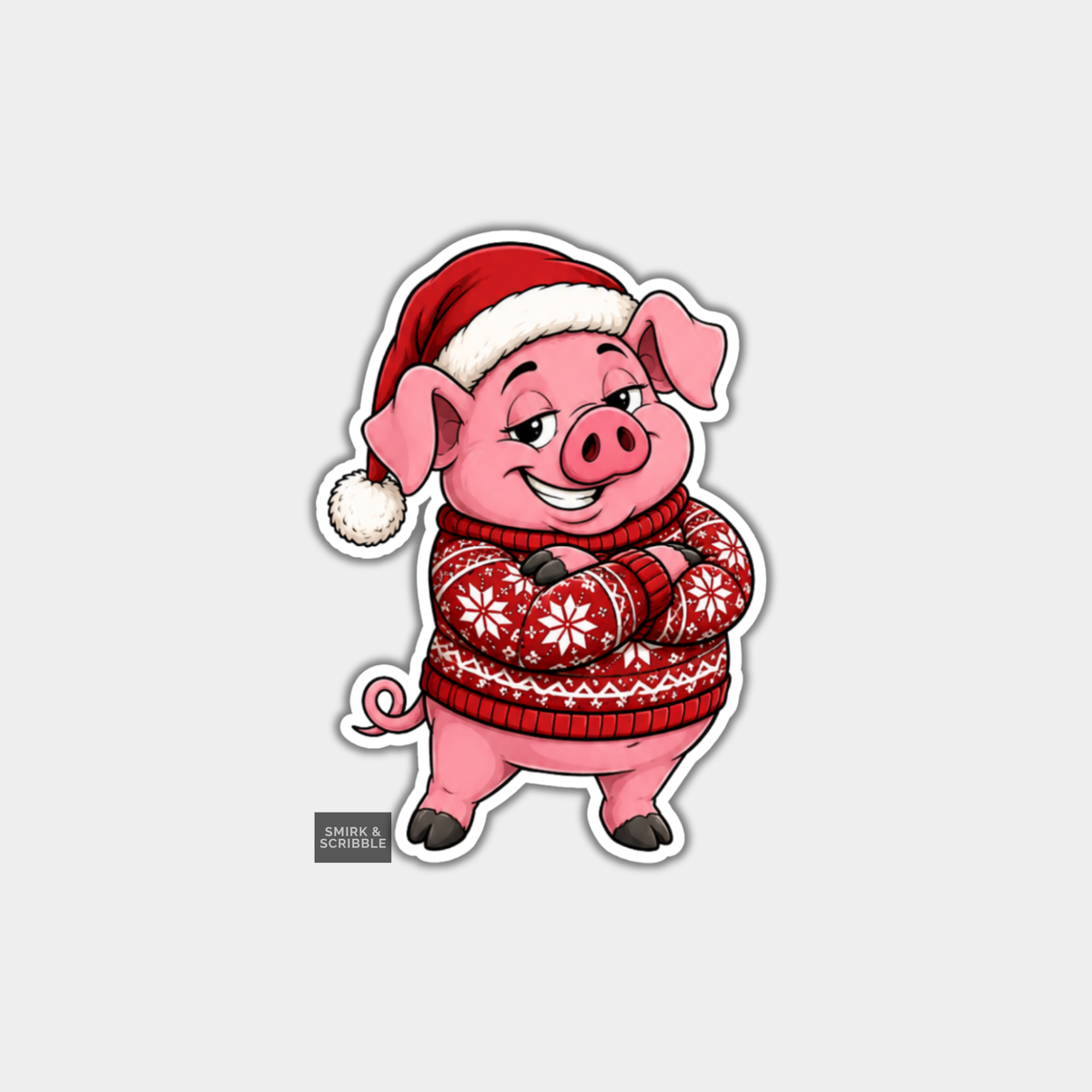 Funny Christmas Sticker - Cute Happy Pig In Xmas Jumper