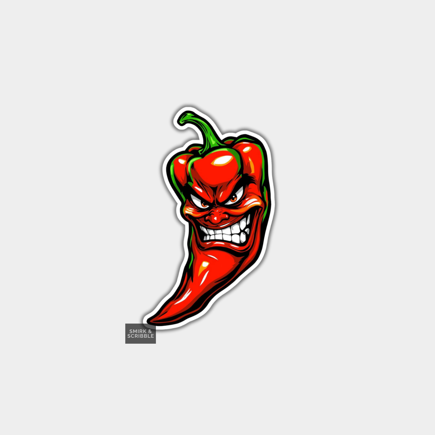 Stylized red pepper with a angry face on a white background