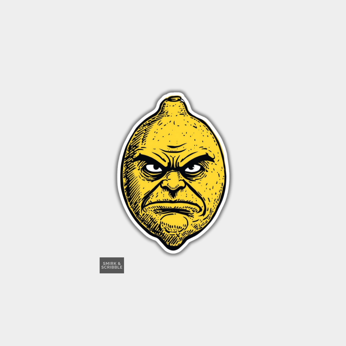 Sticker of a lemon with an angry face on a gray background