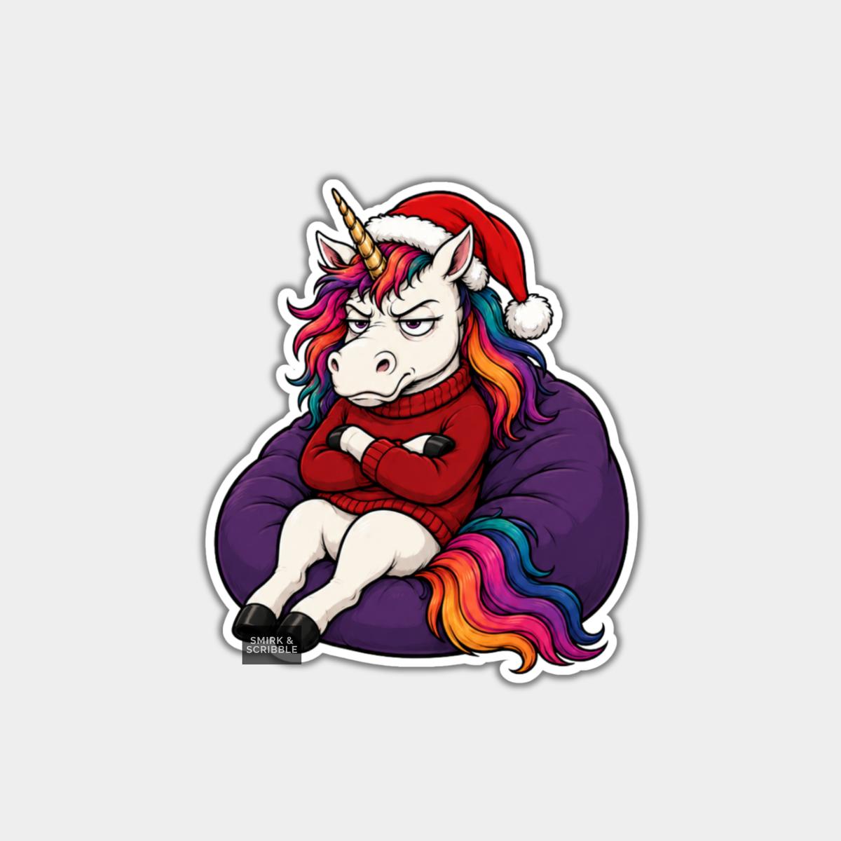 Funny Christmas Sticker - Cute Grumpy Unicorn In Santa Hat