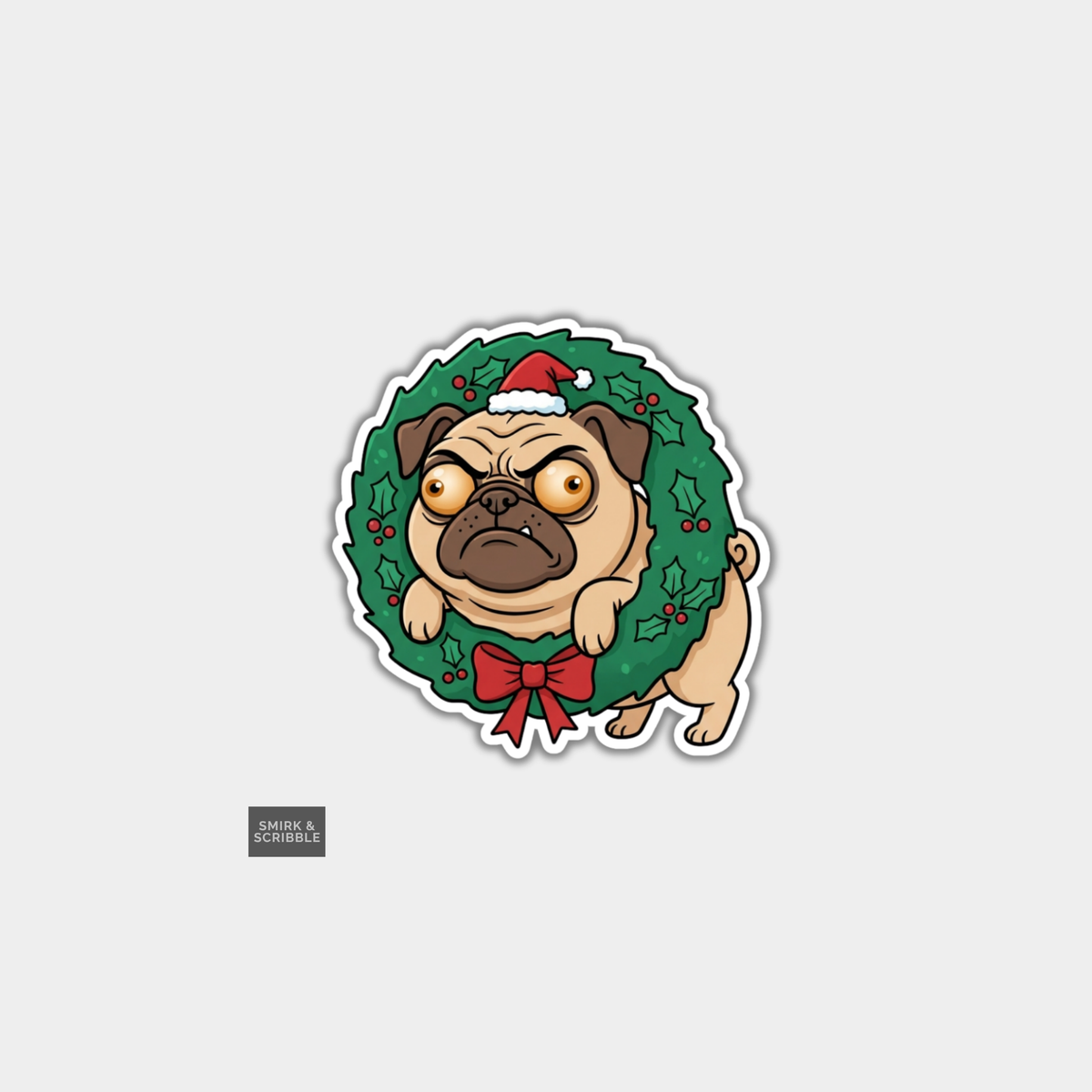 Funny Christmas Sticker - Cute Angry Pug Stuck In Wreath
