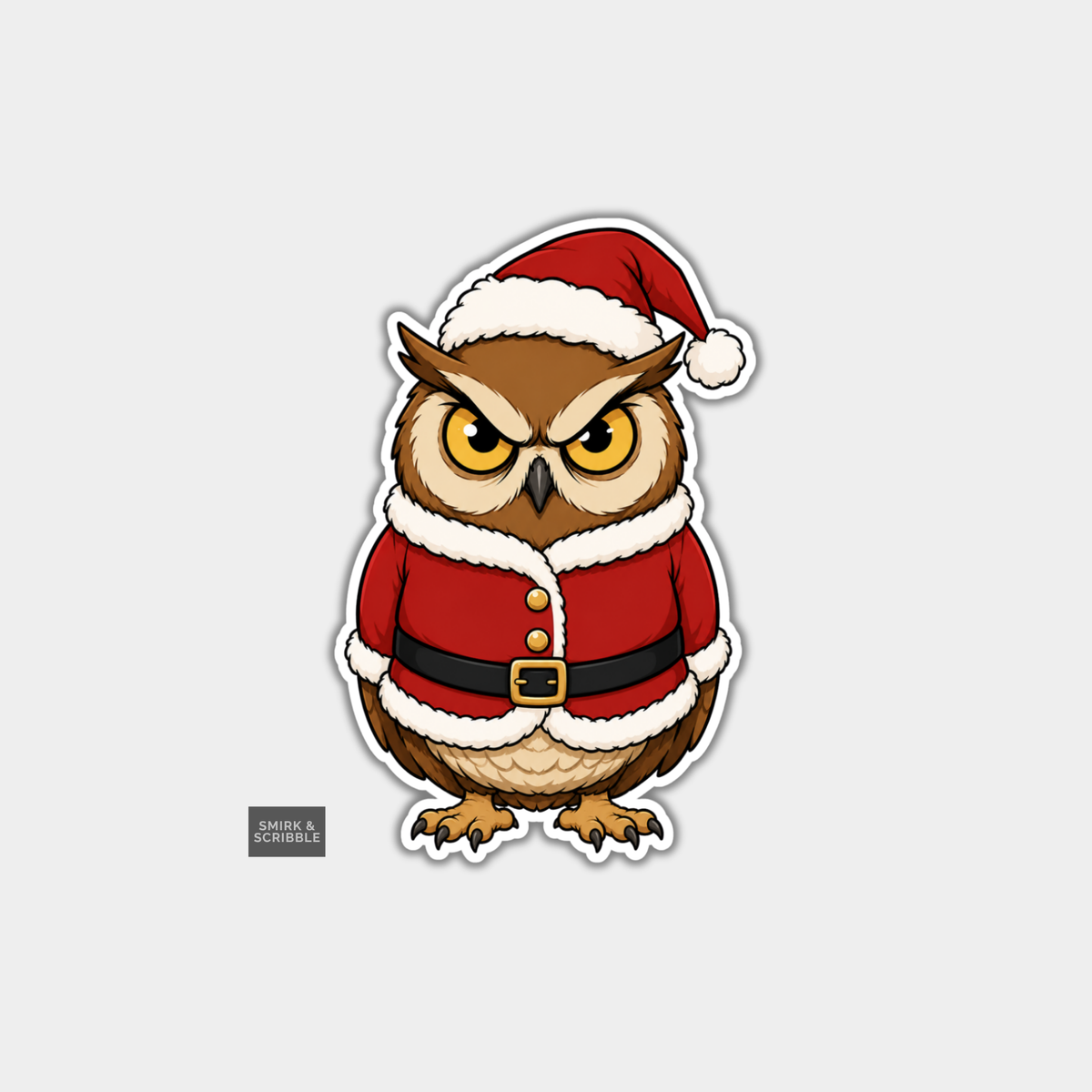 Funny Christmas Sticker - Grumpy Owl In Santa Costume