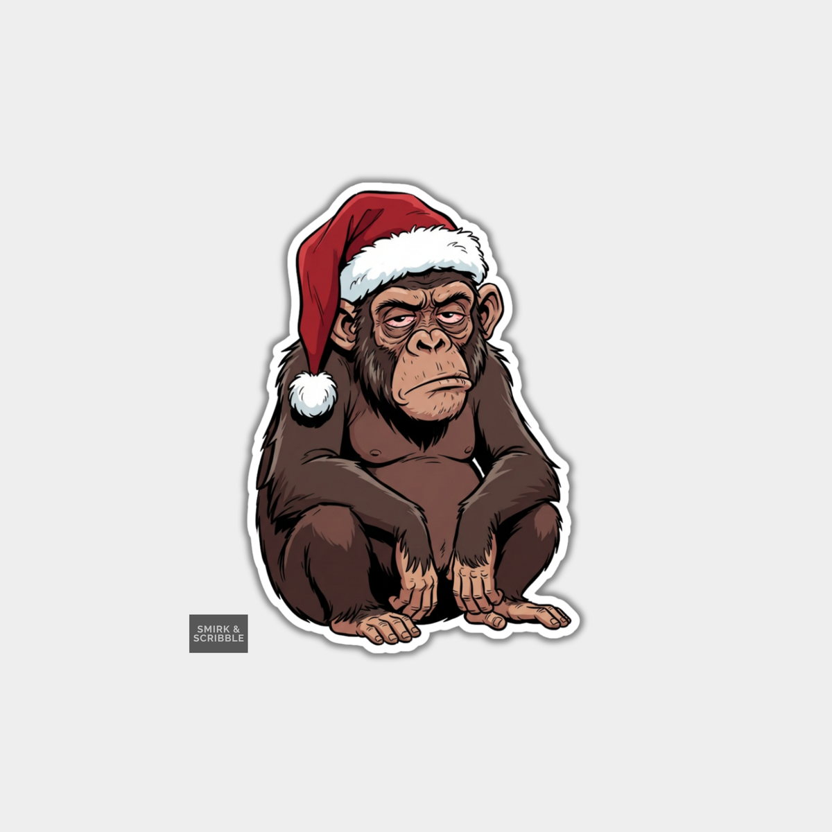 Funny Christmas Sticker - Grumpy Monkey In Santa Hat