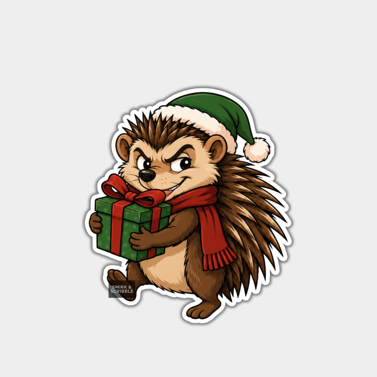 Funny Christmas Sticker - Cute Cheeky Hedgehog & GIft