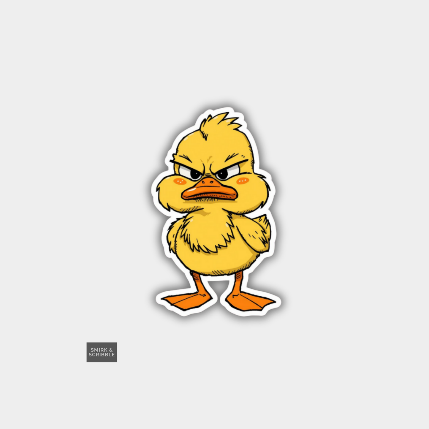 Cartoon duck with an angry expression on a light gray background
