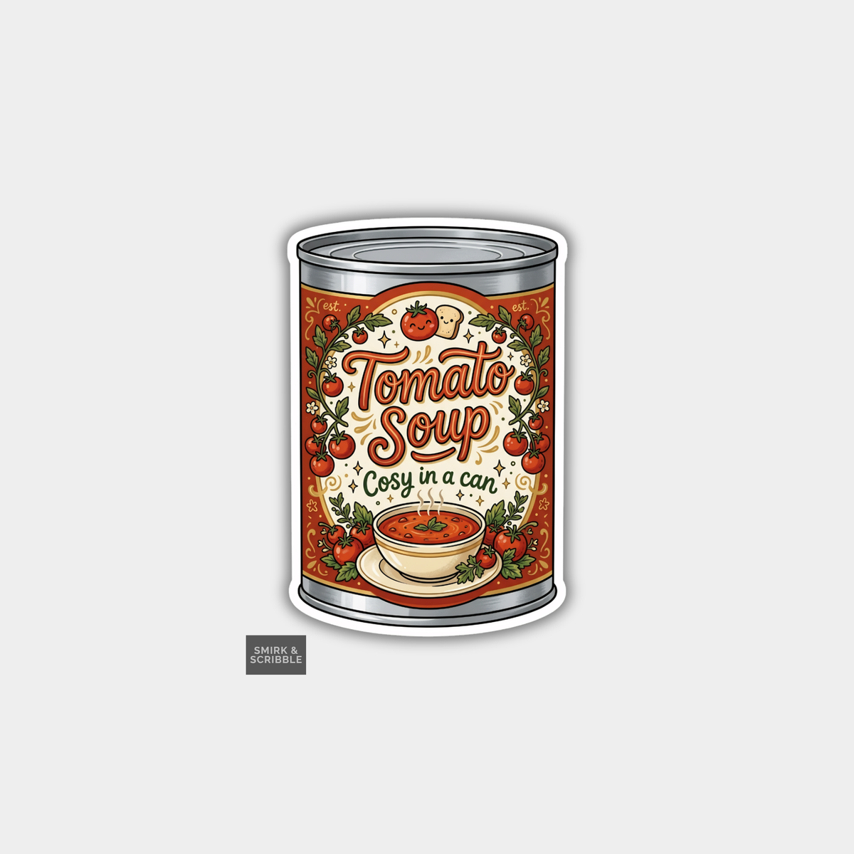 Can of tomato soup with decorative label on a white background