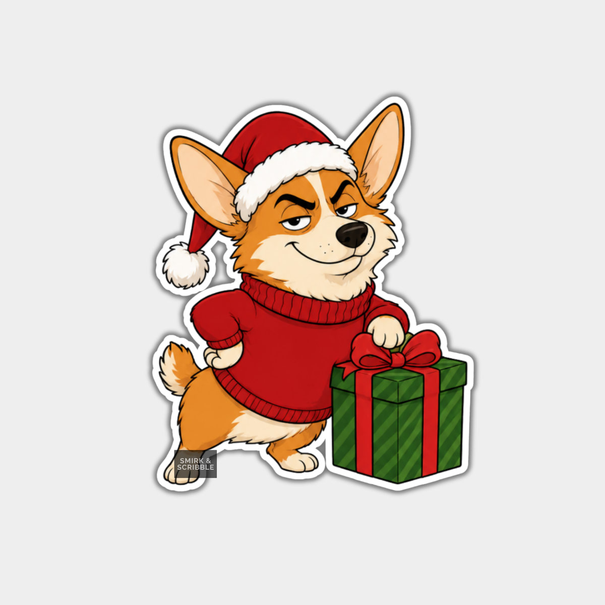 Funny Christmas Sticker - Cute Cheeky Corgi & Present