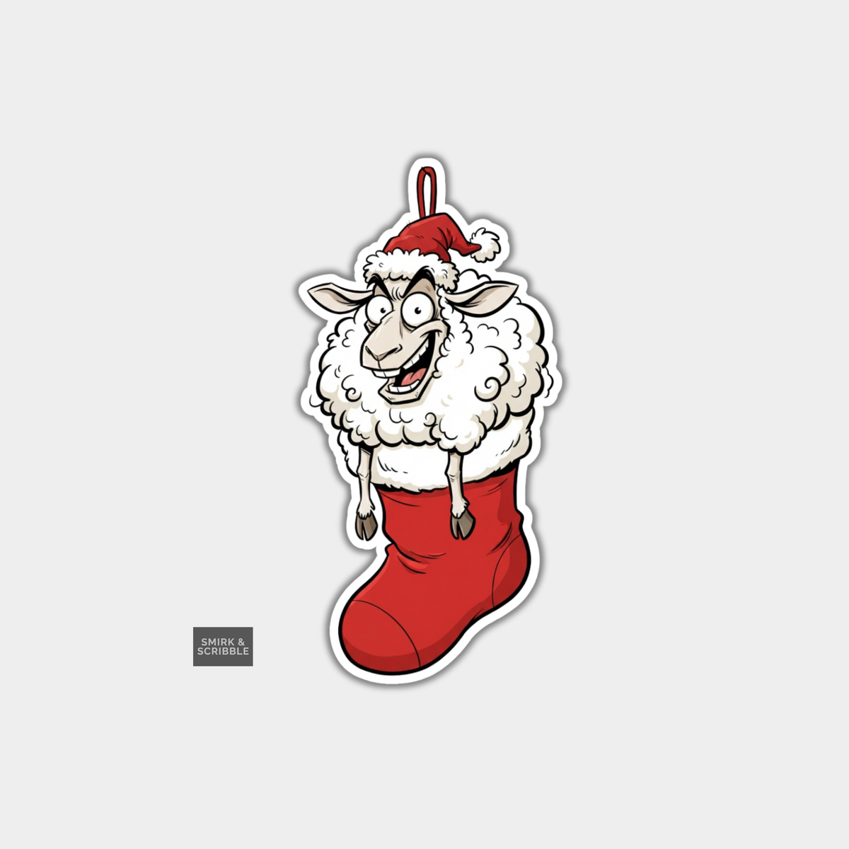 Funny Christmas Sticker - Cheeky Sheep In Xmas Stocking