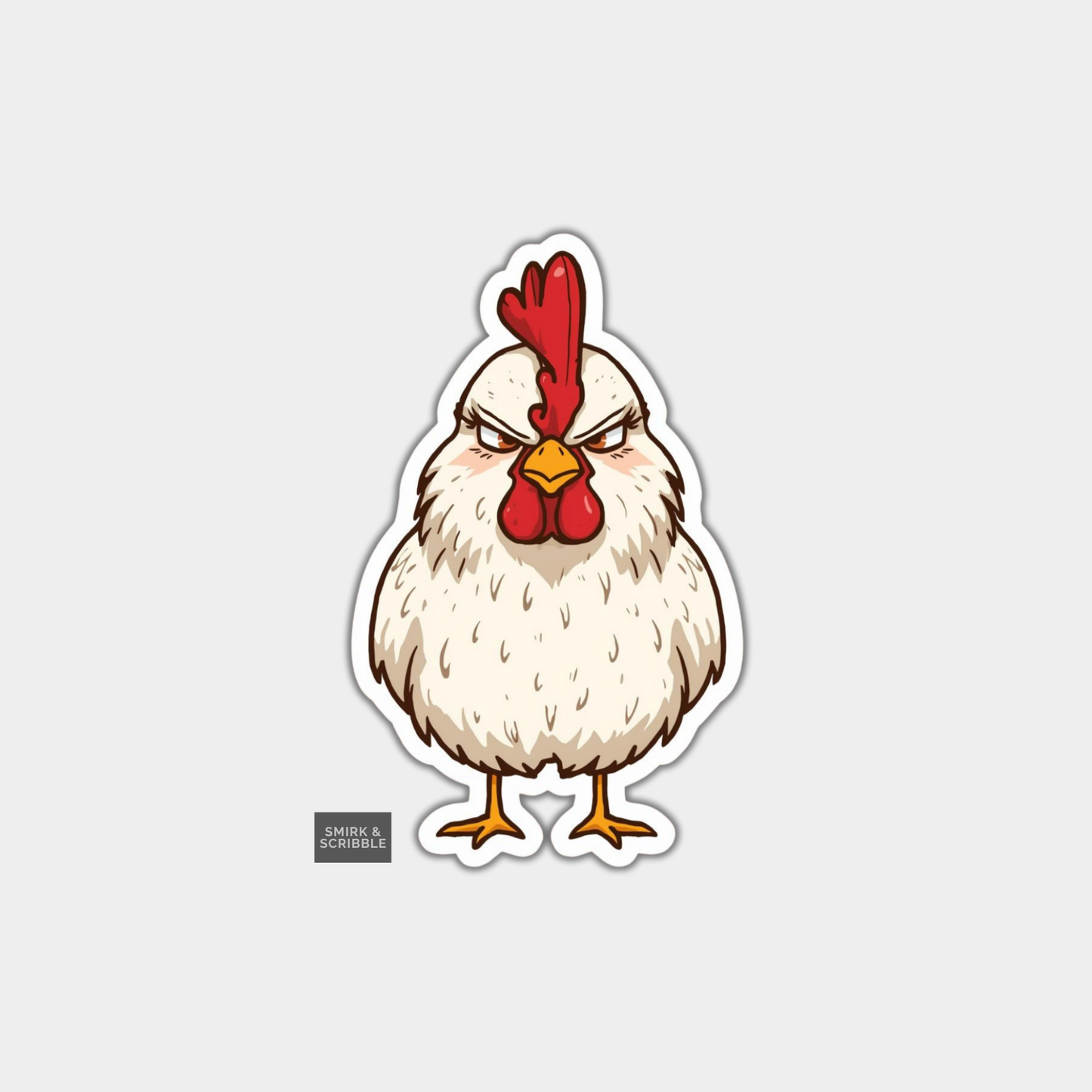 Cartoon chicken with an angry expression on a light gray background
