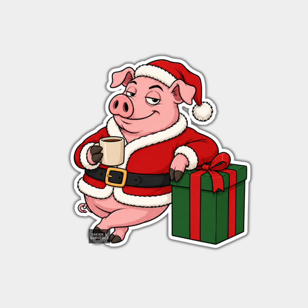 Funny Christmas Sticker - Pig In Santa Suit With Gift