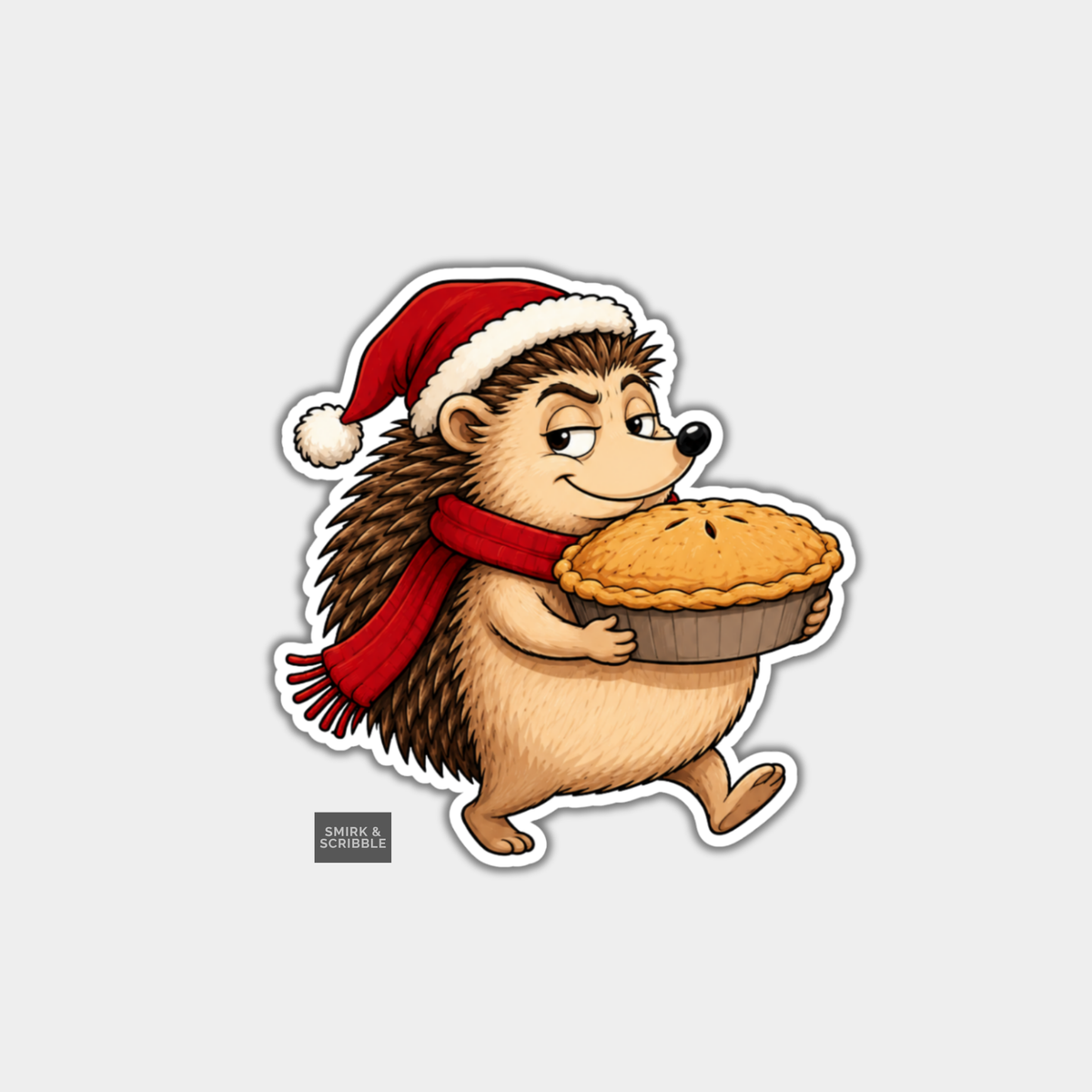 Funny Christmas Sticker - Cute Cheeky Hedgehog With Pie