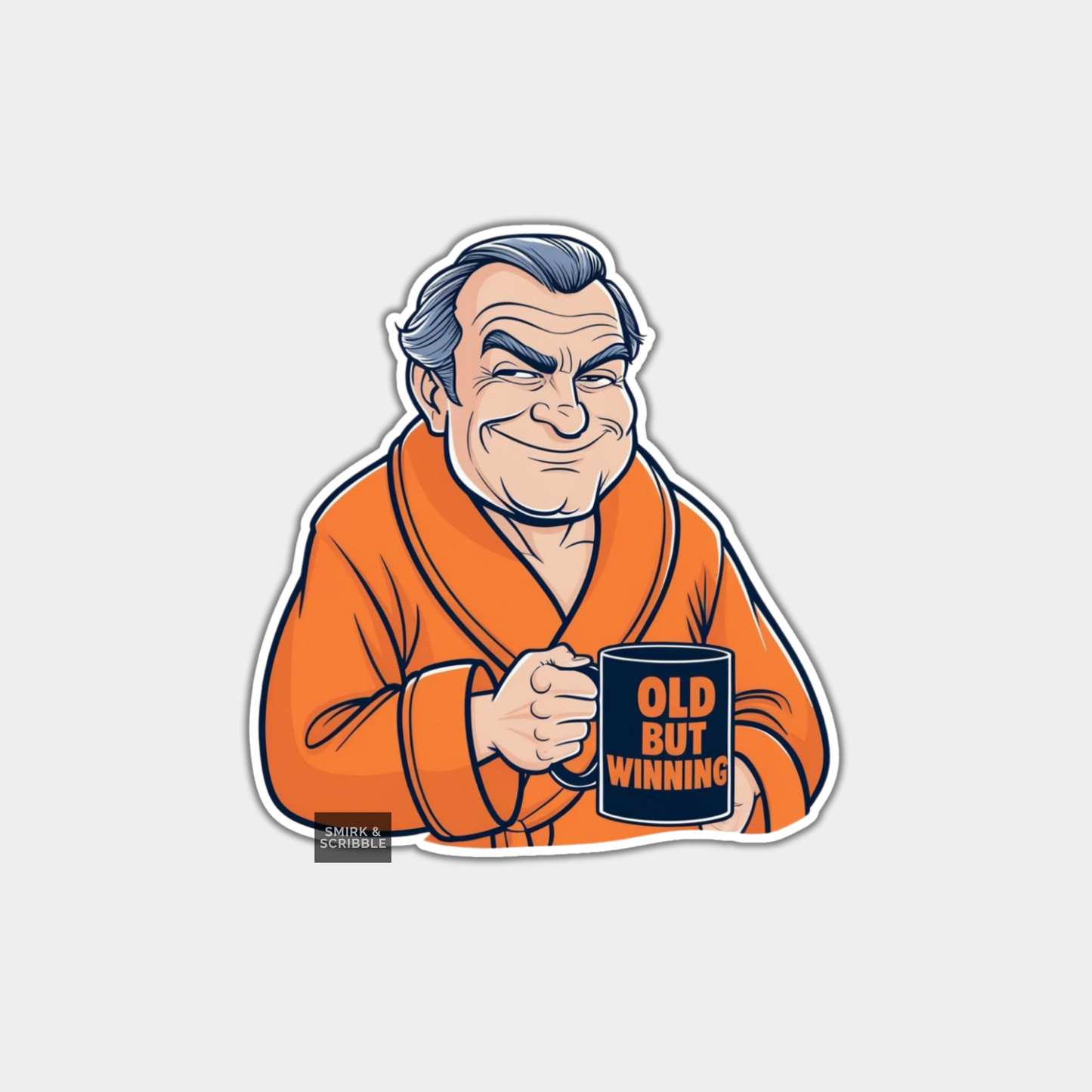 Cartoon character in an orange robe holding a mug with 'Old But Winning' text on a light gray background