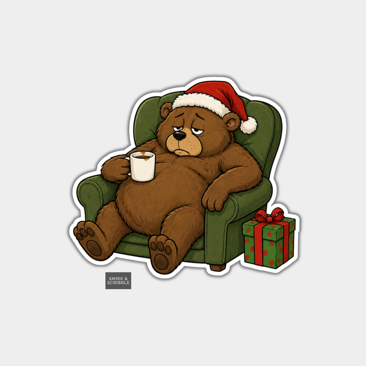 Funny Christmas Sticker - Sad Tired Bear In Armchair