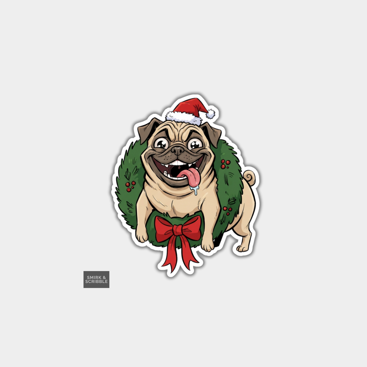 Funny Christmas Sticker - Happy Dog In Wreath