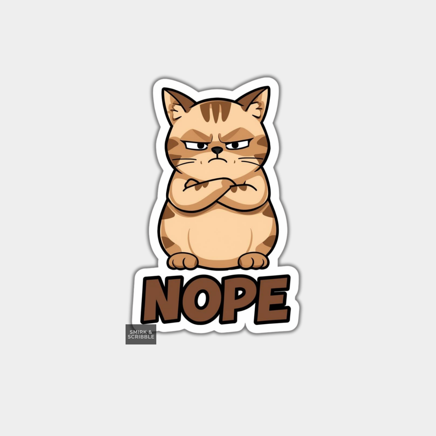 Sticker of a cat with an angry expression and 'NOPE' text on a light gray background