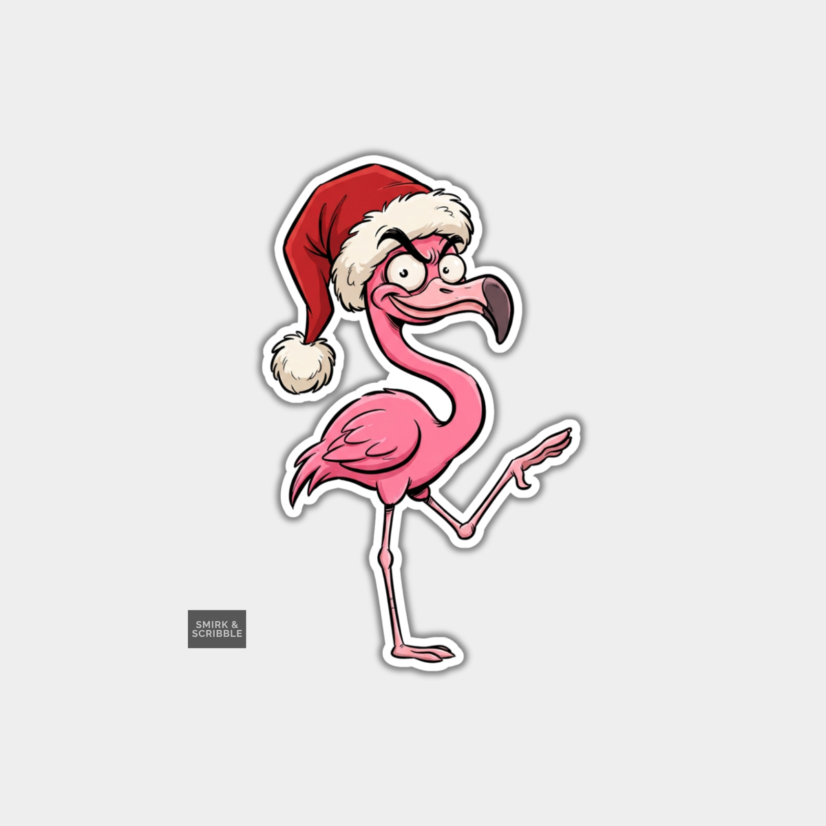 Funny Christmas Sticker - Cheeky Flamingo In Santa Hat