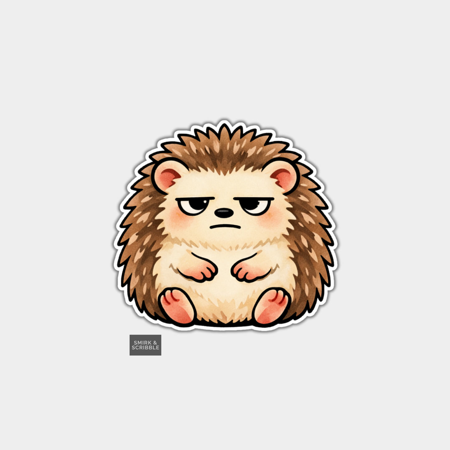 Cartoon hedgehog sticker with a neutral expression on a light gray background