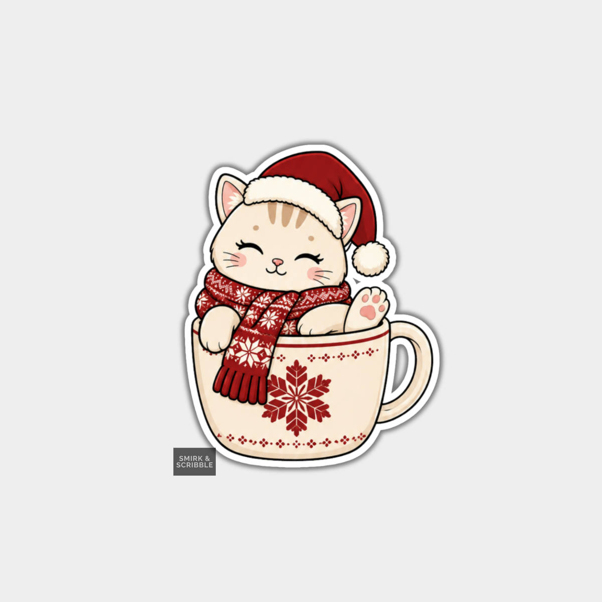 Funny Christmas Sticker - Cute Teacup Cat