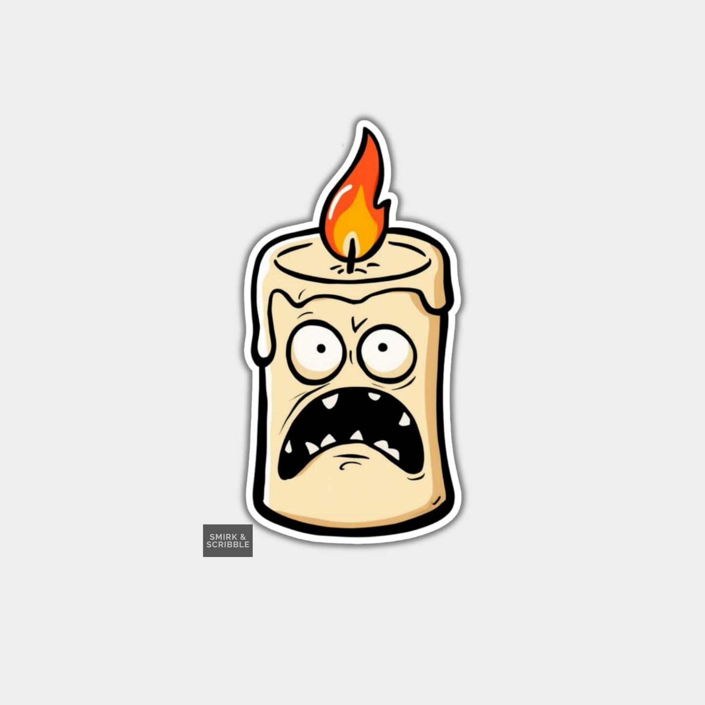 Cartoon candle with a face and flame on a light gray background