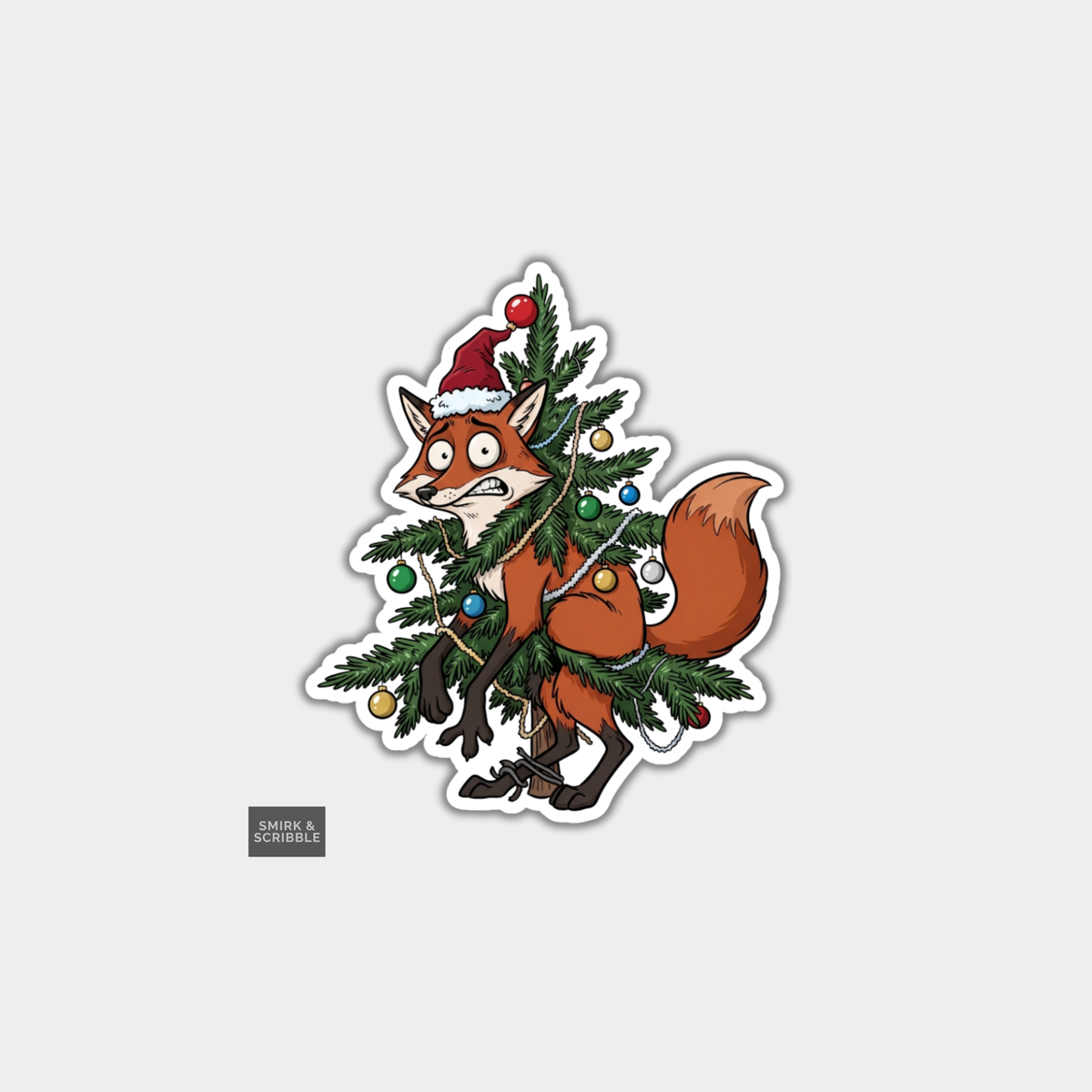 Funny Christmas Sticker - Cute Fox Stuck In Xmas Tree