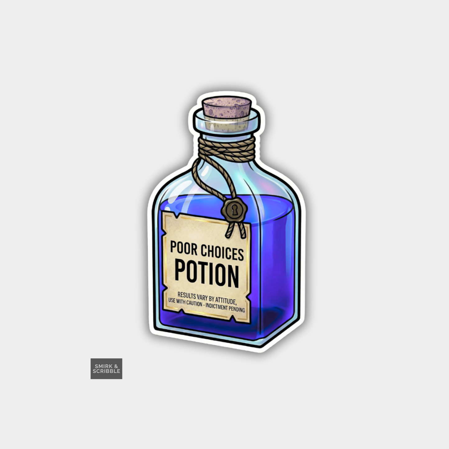 Purple potion bottle with a label reading 'Poor Choices Potion' on a light gray background