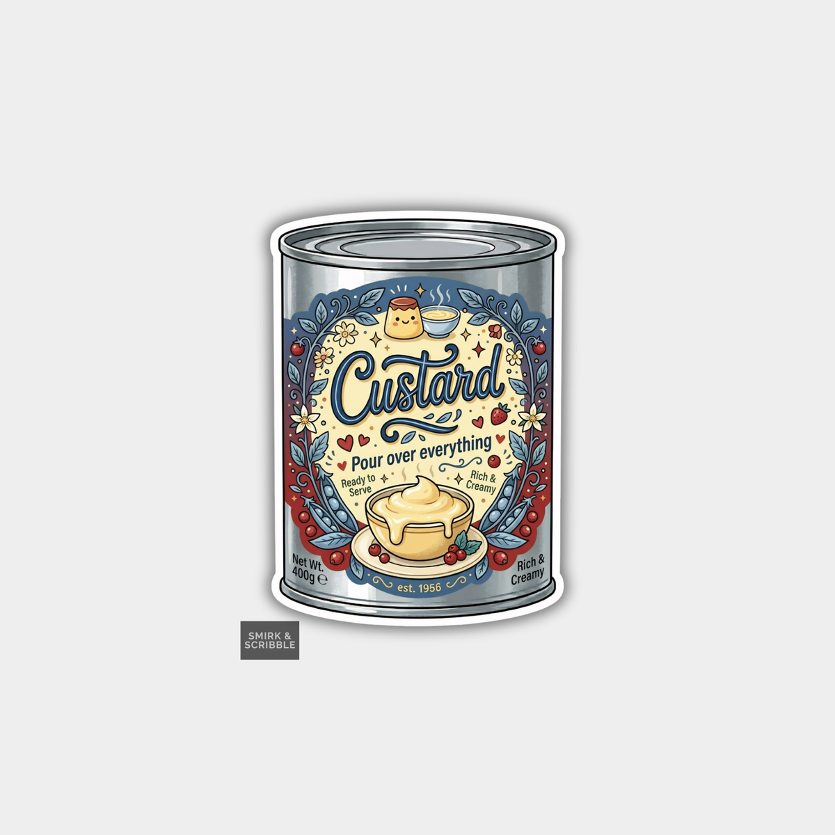 Can of custard with decorative label on a white background