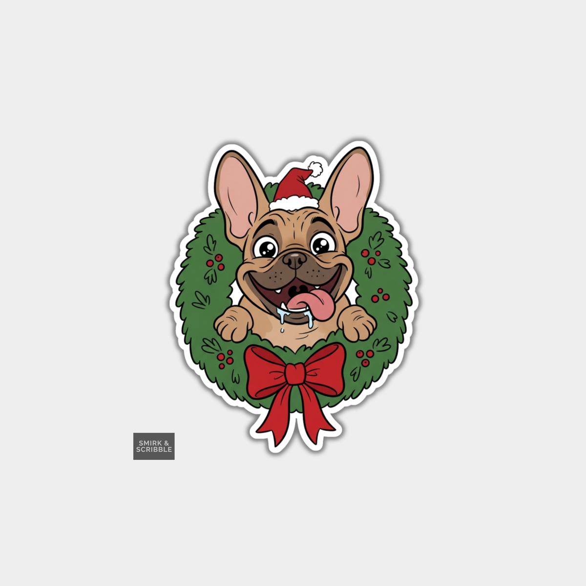 Funny Christmas Sticker - Cute Cheeky Dog & Wreath