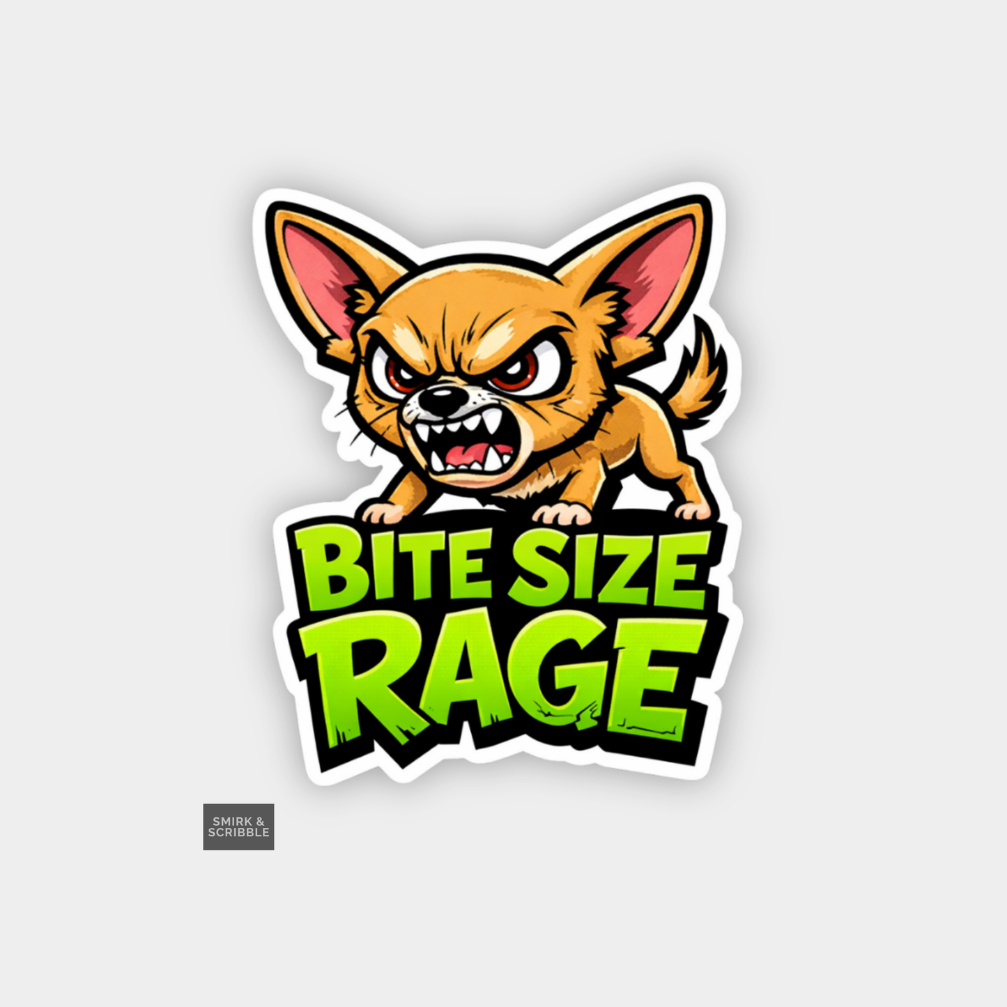 Sticker with a cartoon dog and 'Bite Size Rage' text on a light gray background