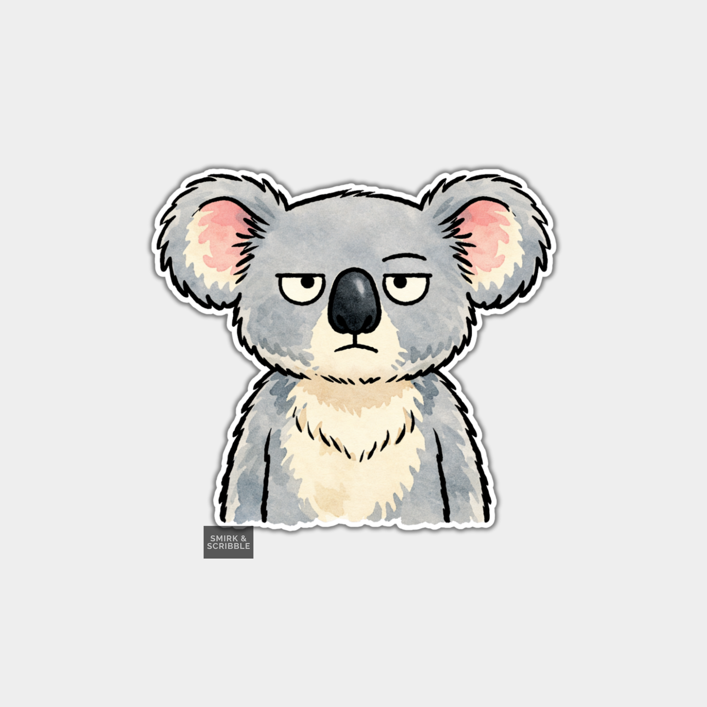 Sticker of a koala with a neutral expression on a light gray background