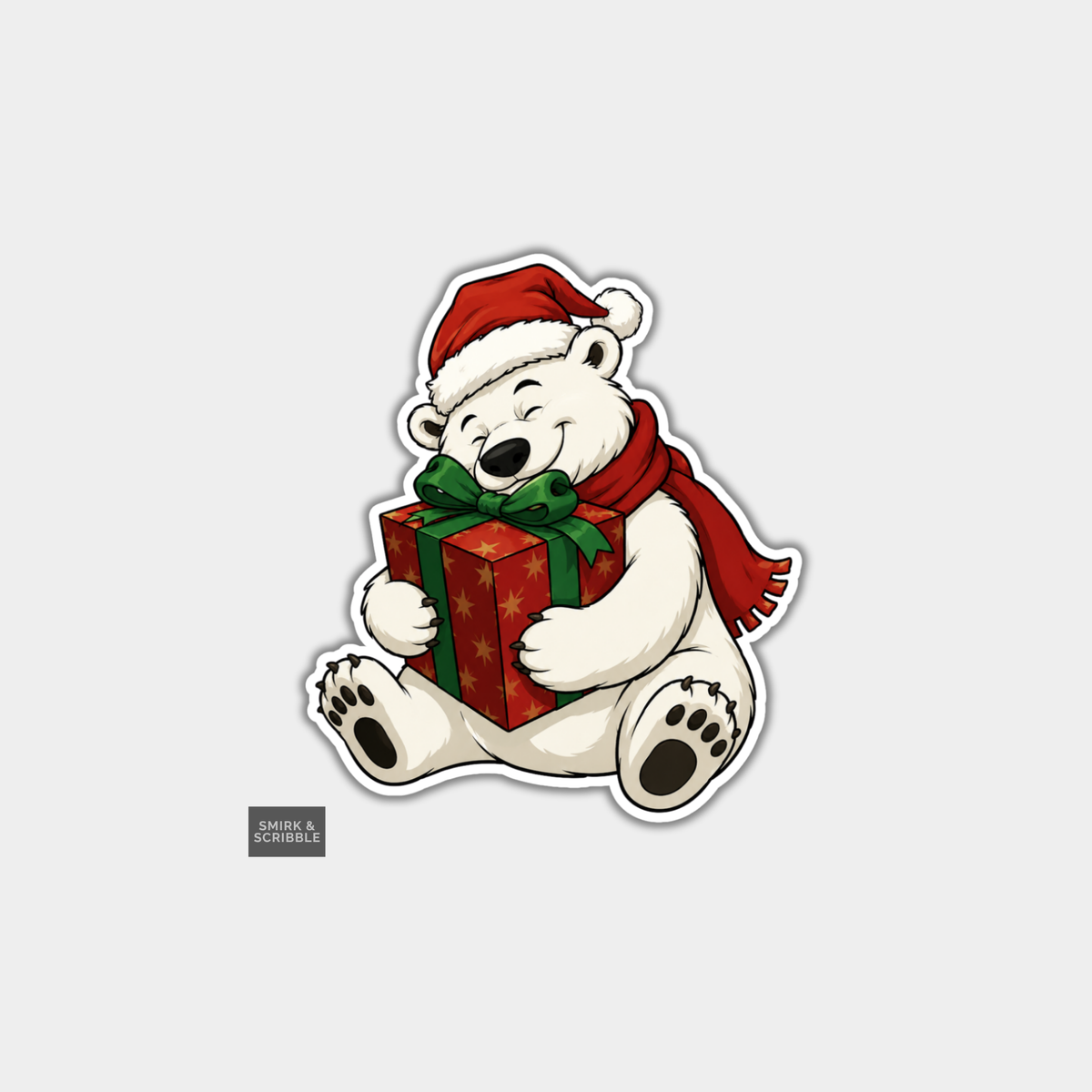 Funny Christmas Sticker - Cute Polar Bear & Gift