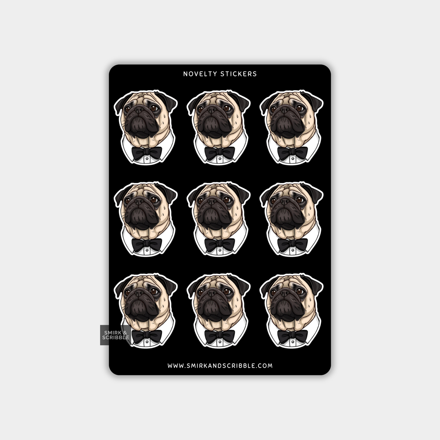 Funny Vinyl Sticker Sheet - Pug In Bow Tie
