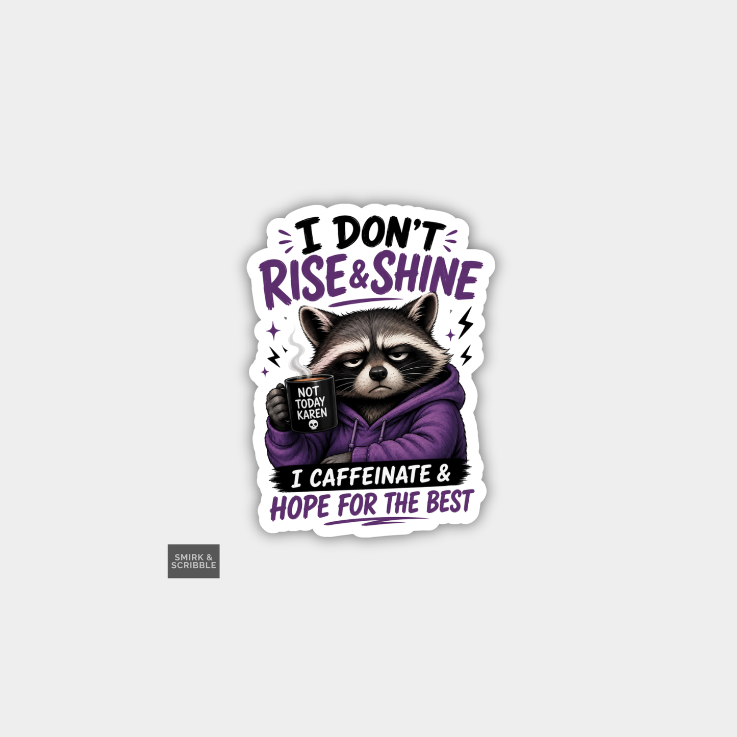 Funny Snarky Vinyl Sticker - Rise & Shine Raccoon