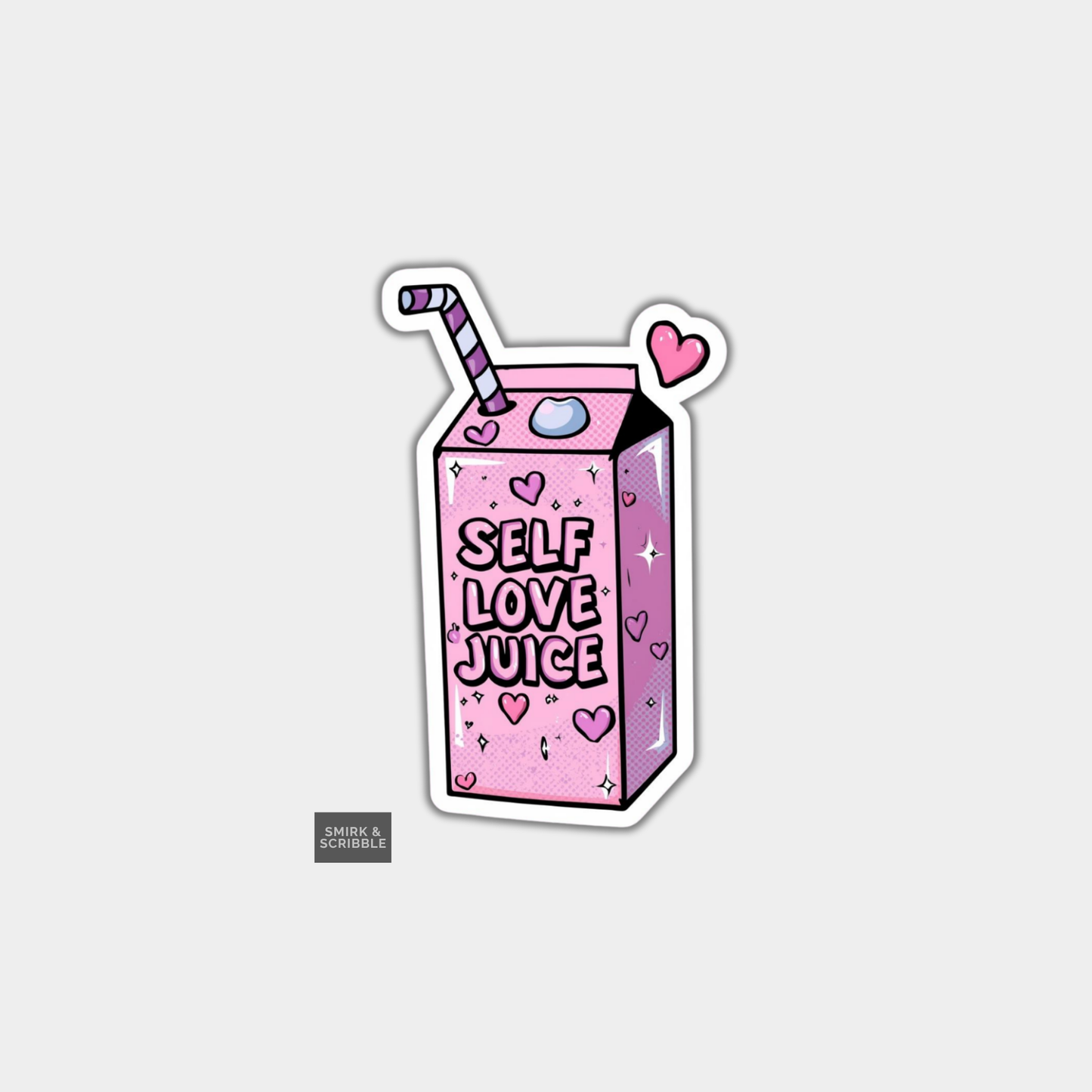 Cartoon milk carton with 'Self Love Juice' text on a light gray background