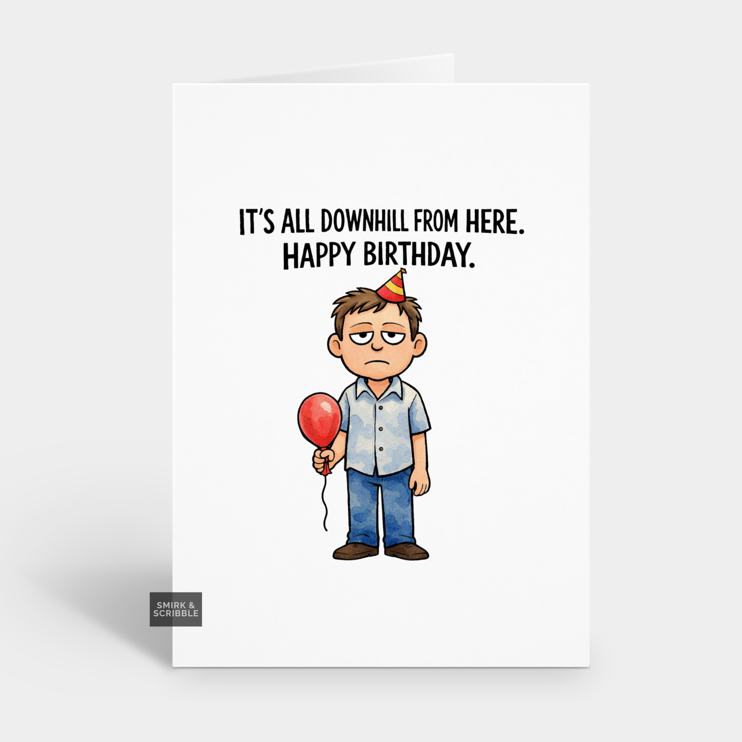 Cartoon character holding a red balloon with humorous birthday message on a white background