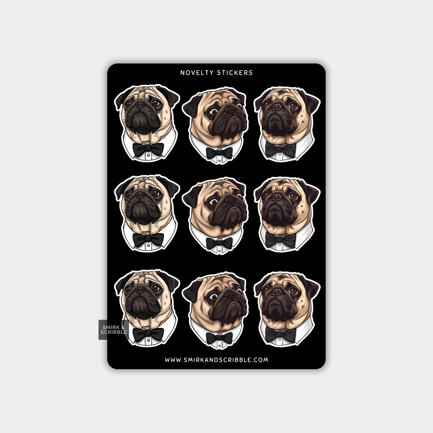 Funny Vinyl Sticker Sheet - Bow Tie Pug Assorted
