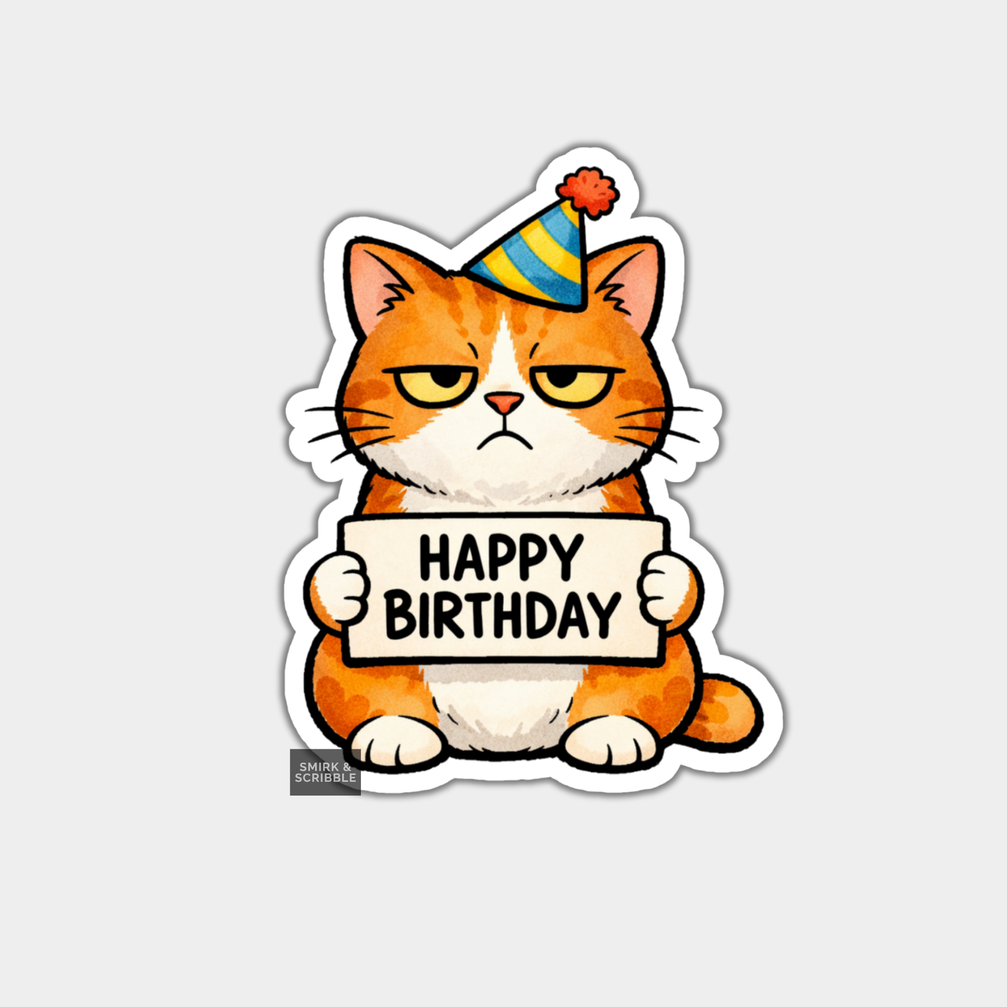 Cartoon cat wearing a party hat and holding a 'Happy Birthday' sign on a white background