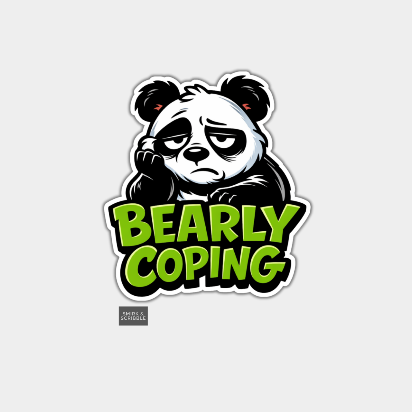 Sticker with a panda bear and 'BEARLY COPING' text on a light gray background