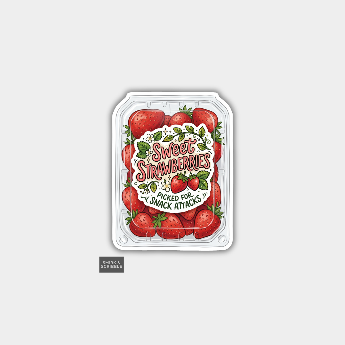 Packaged strawberries with a 'Sweet Strawberries' label on a light gray background