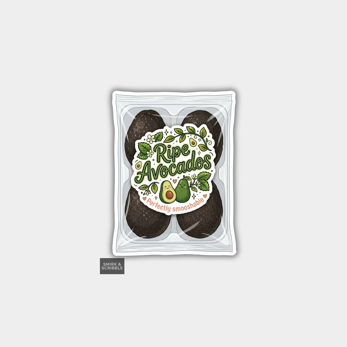 Packaged avocados with a 'Ripe Avocados' label on a white background