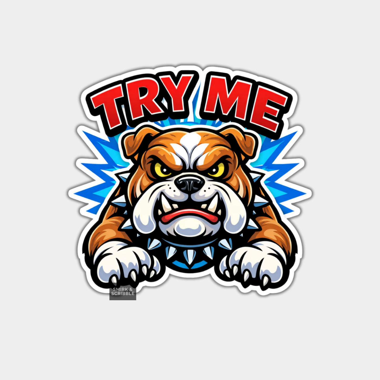 Sticker with a bulldog graphic and 'TRY ME' text on a light gray background