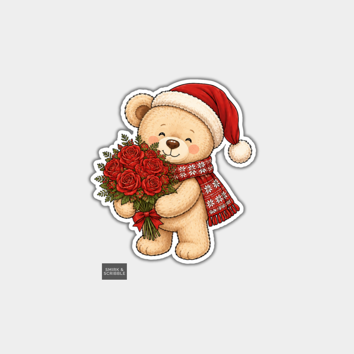 Funny Christmas Sticker - Cute Teddy Bear With Roses