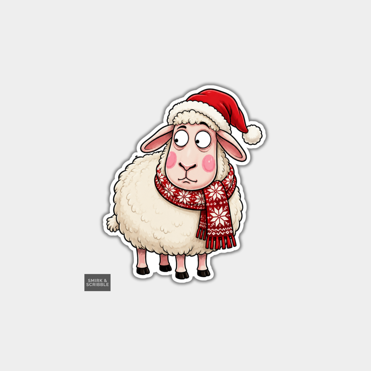 Funny Christmas Sticker - Sheep In Santa Hat & Scarf