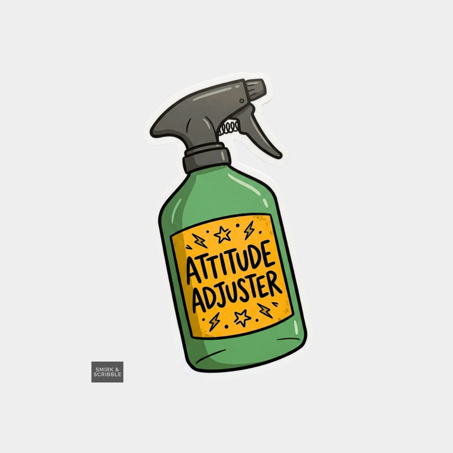 Green spray bottle labeled 'Attitude Adjuster' on a light gray background