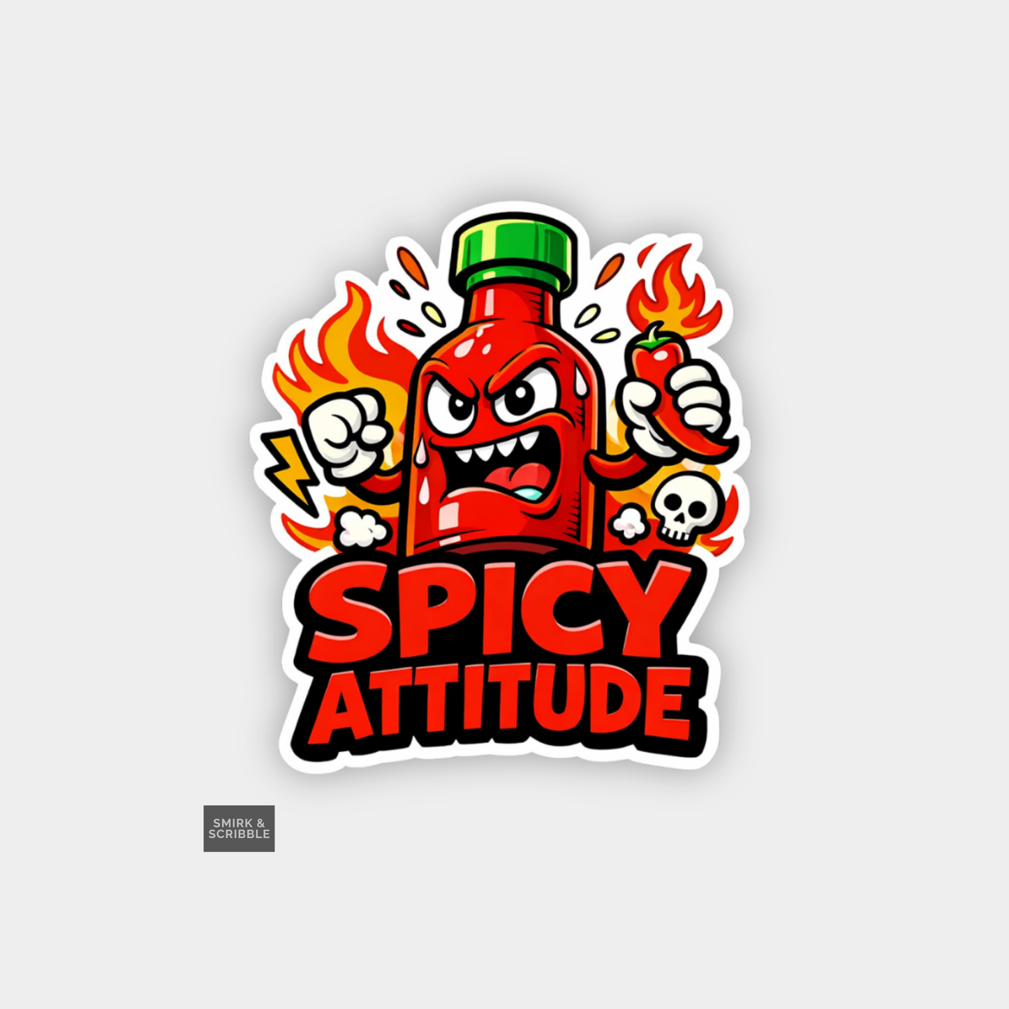 Sticker with a cartoon hot sauce bottle and flames, labeled 'Spicy Attitude' on a light gray background.